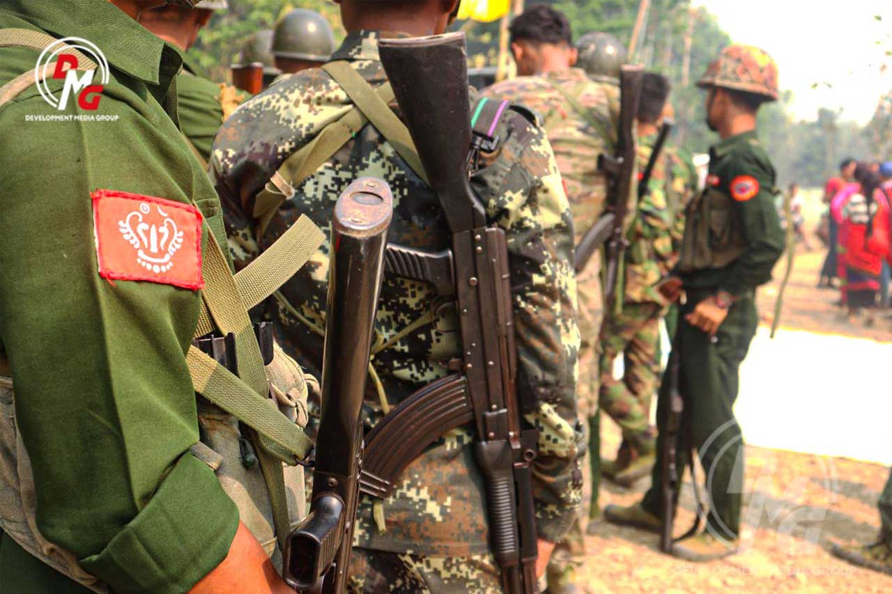 Arakan Army personnel providing security at a location in downtown Ponnagyun are pictured in April.
