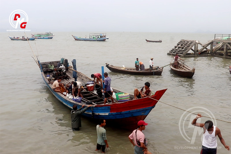 A fishing trawler at the market jetty in Sittwe on June 14, 2023.
