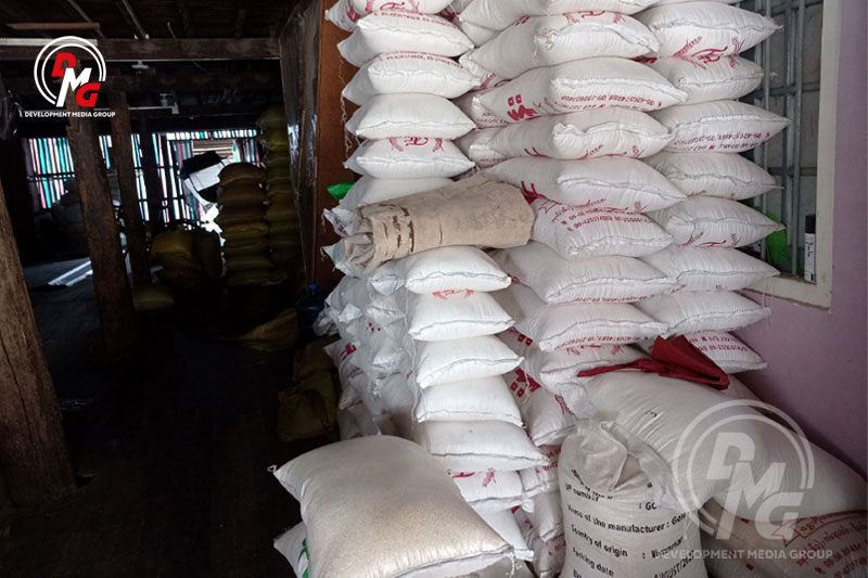 Rice sacks at a rice shop in the Arakan State capital Sittwe.
