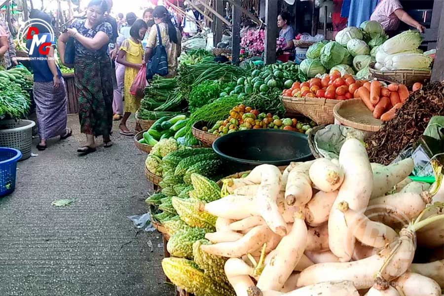 Vegetable stalls at Kyaukphyu Myoma Market are pictured in February 2022.