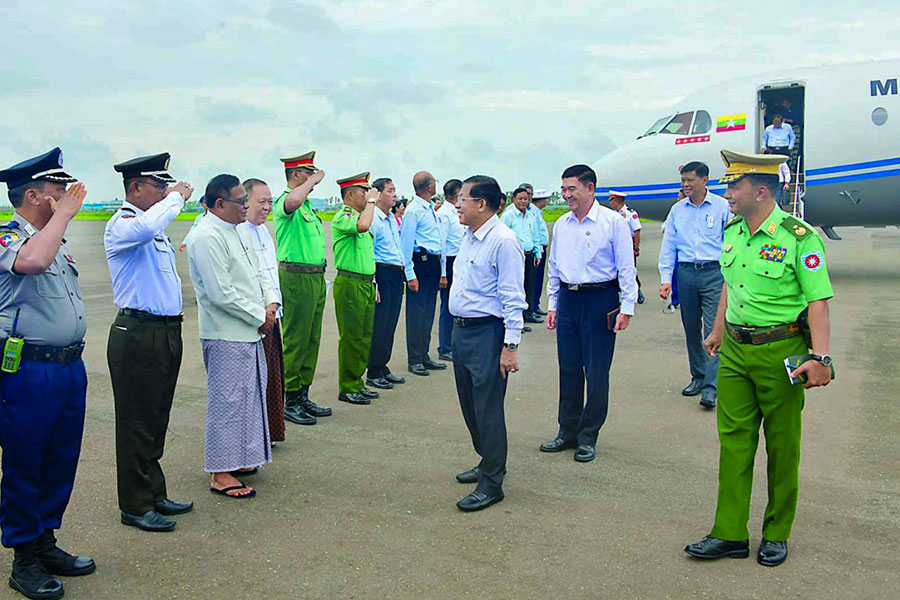 Junta boss Min Aung Hlaing visits Sittwe in July 2023. (Photo: Rakhine Daily)