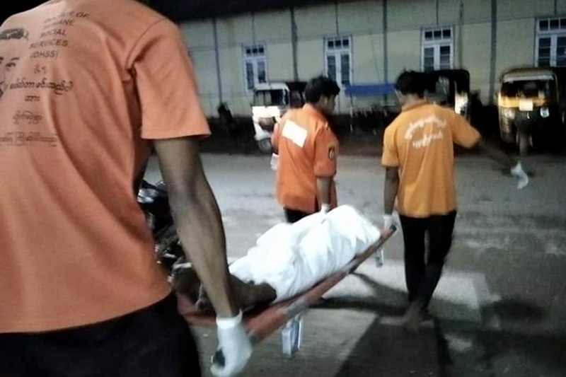 The body of an employee from the Electricity Supply Enterprise, who was electrocuted to death, is taken to a morgue in Sittwe. (Photo: Shwe Yaung Metta Foundation)