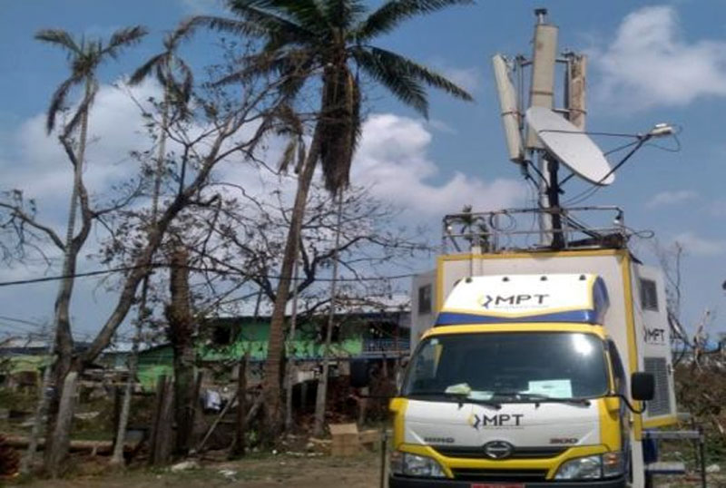 MPT operates a mobile communications station in Sittwe in the aftermath of Cyclone Mocha. (Photo: MPT)