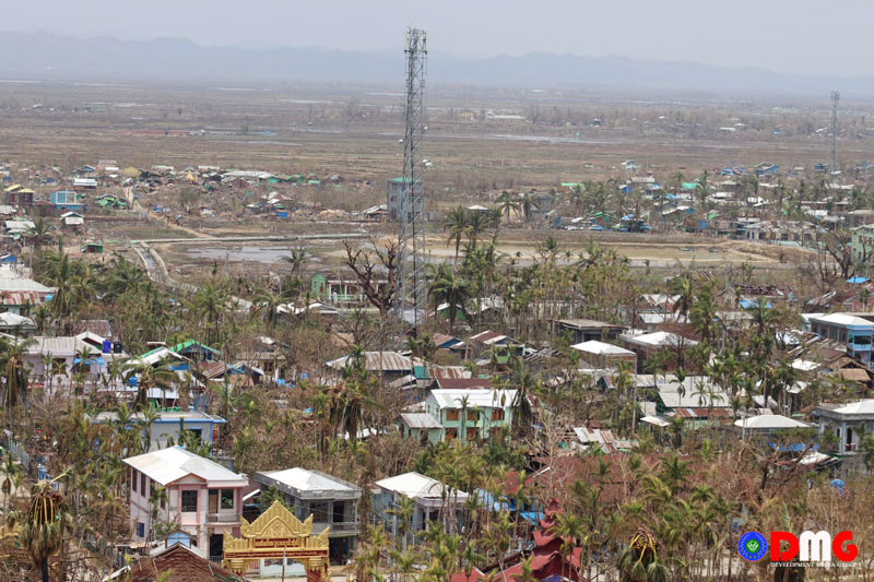 A cell tower in Rathedaung Township is pictured on May 18, 2023.