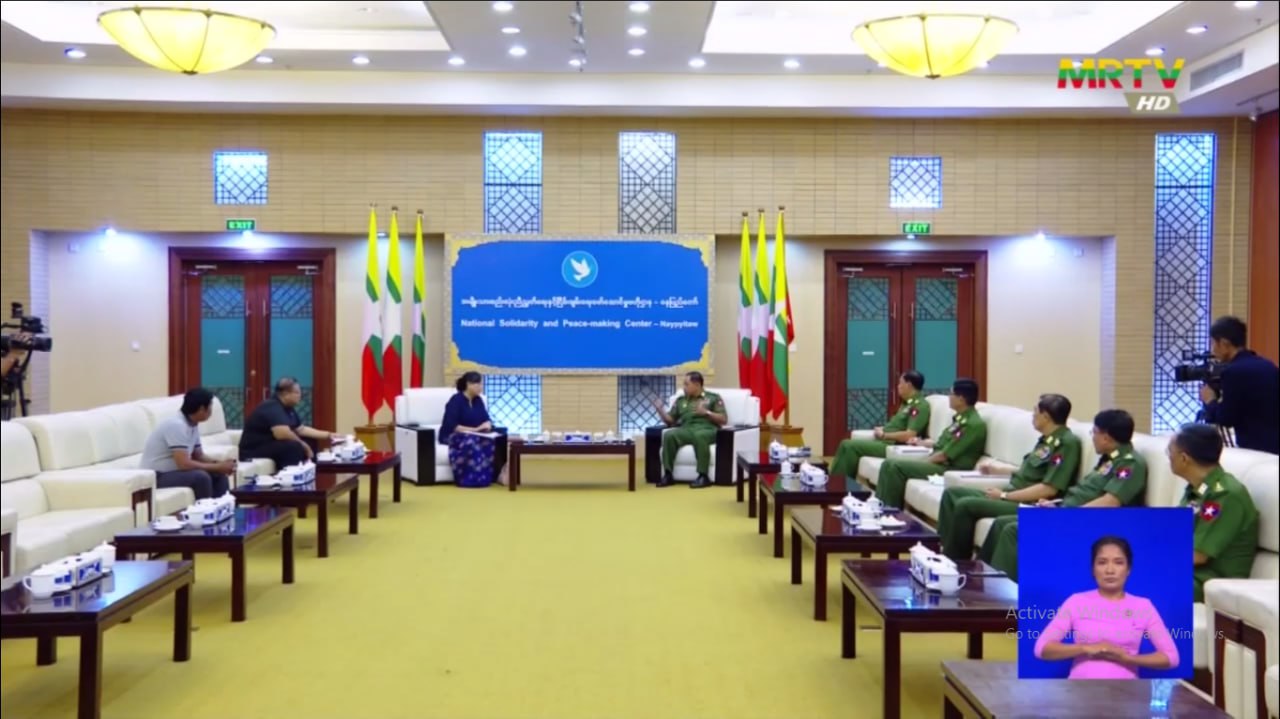 The junta’s peace negotiation team and five PPST members hold talks on June 27 in Naypyitaw. (Photo: MRTV)