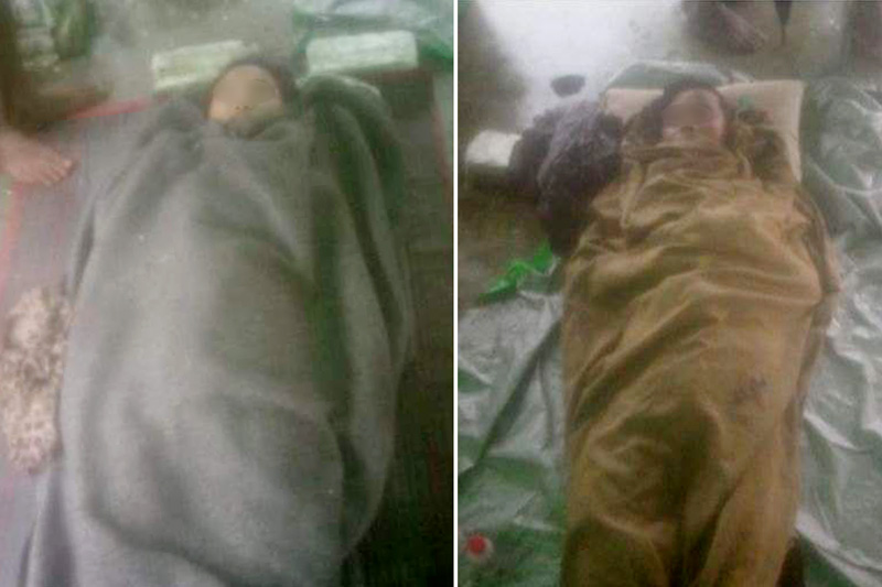 The bodies of Ma Khaing Zar Nay Win and Maung Ye Gyi Aung, who were struck dead by lightning in Minzechaung Village, Ponnagyun Township, on June 16. 