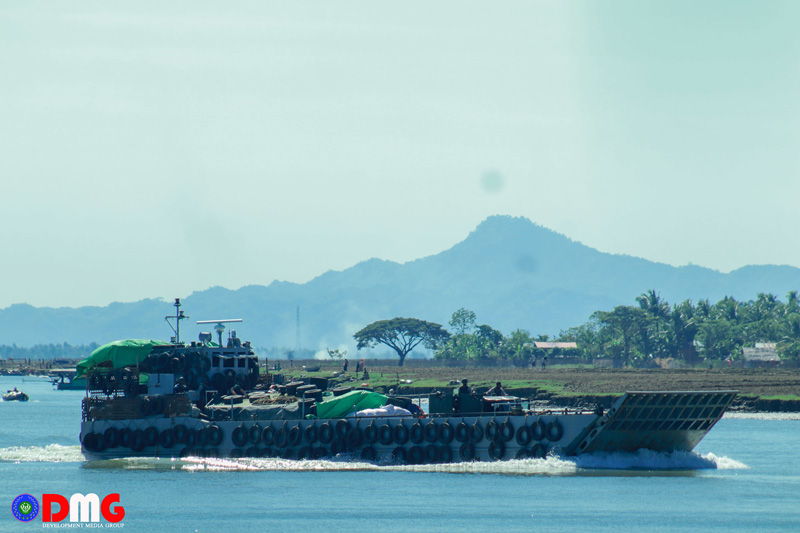 A Myanmar Navy vessel transporting food supplies in Arakan State is pictured during the 2018-2020 fighting.