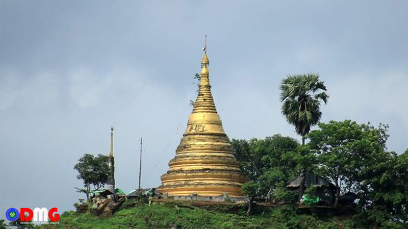 A 2021 photo shows junta soldiers stationed at Shwe Taung Pagoda in Mrauk-U.
