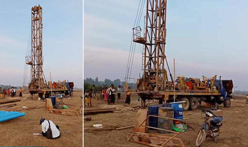 Caption: A feasibility study to extract groundwater is being carried out near Thinganet Village in Sittwe Township, Arakan State. (Photo: Aung Hein Tun / Facebook)