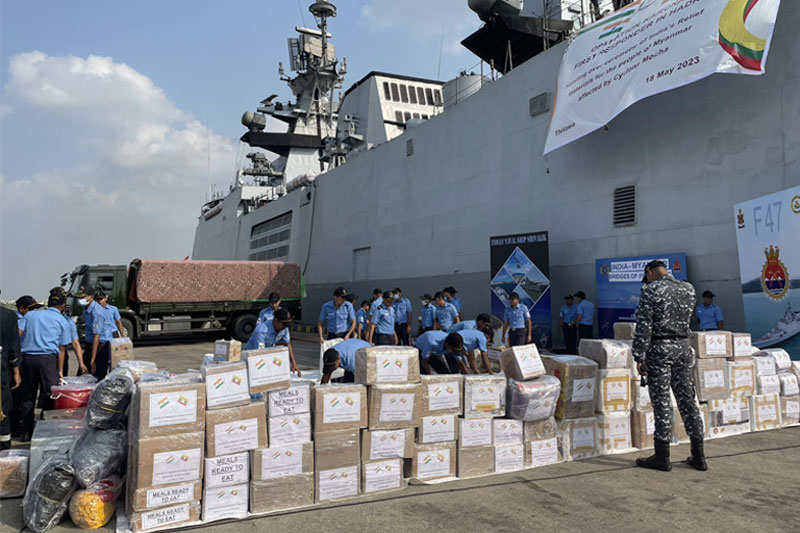 Relief items donated by India for Cyclone Mocha victims in Myanmar were handed over to regime officials on May 19. Photo: India in Myanmar (Embassy of India, Yangon)