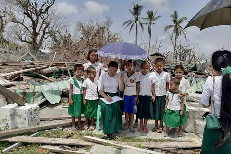Students enroll at the damaged school in Kanpyin village, Rathedaung Township. (Photo: Supplied)
