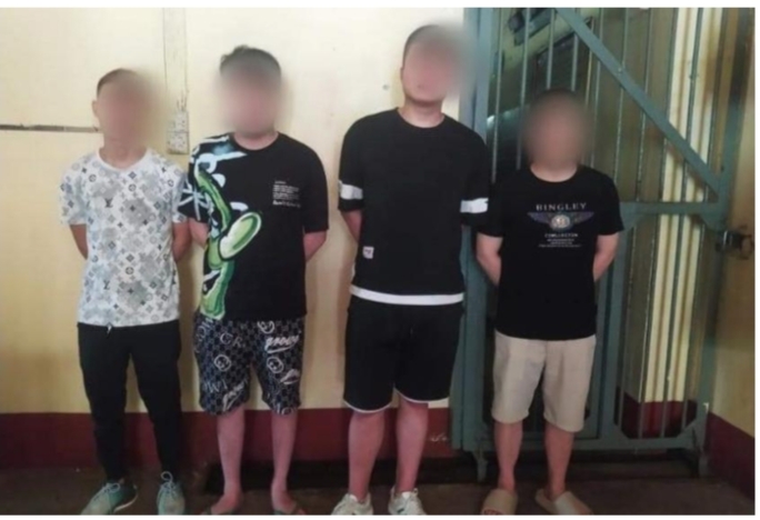 Six undocumented Chinese nationals detained at a local police station in Mawlamyine. (Photo: Mon State police force)