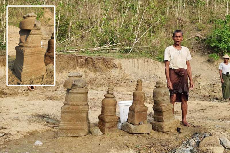 Ancient stone stupas unearthed in Ponnagyun Township. Photo: Wai Hun Aung.