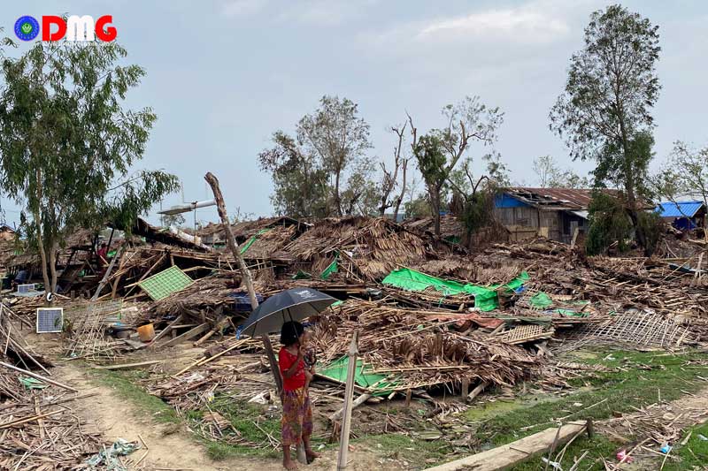 Huts destroyed by Cyclone Mocha at the Tin Nyo displacement camp in Mrauk-U Township.