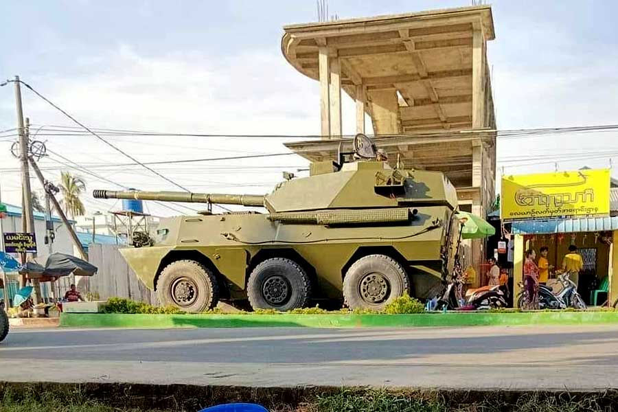 Regime personnel carry out a patrol with an armoured vehicle in Sittwe on November 13, 2023, following an Arakan Army attack that marked a renewal of hostilities in Arakan State. (Photo: CJ)