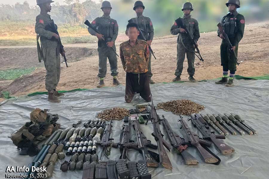 Some prisoners of war and weapons seized in a clash near Thinbawhla Village in Maungdaw Township on November 13.