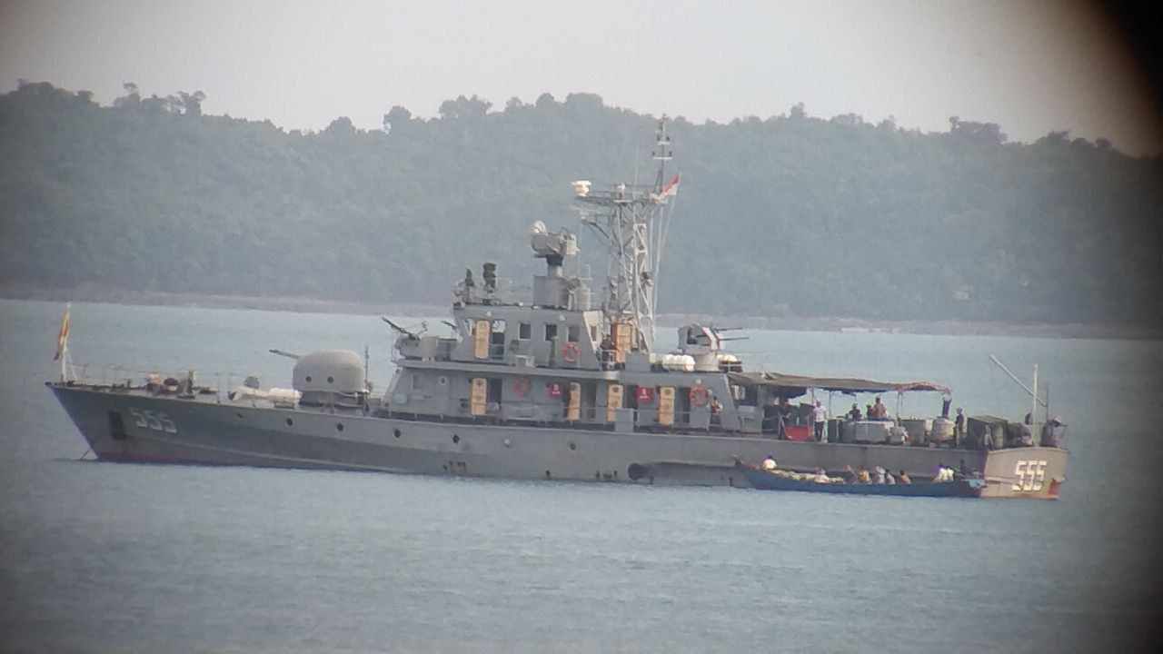A Myanmar Navy vessel patrols the Thanzit River in Kyaukphyu Township in November. (Photo: Supplied)