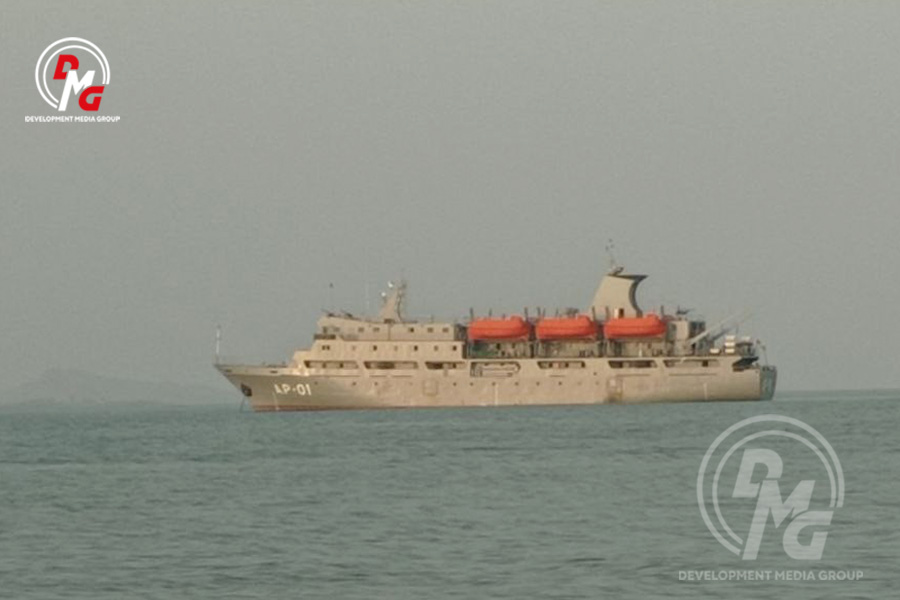 A Myanmar Navy vessel in waters off the Arakan State coast is pictured in October.