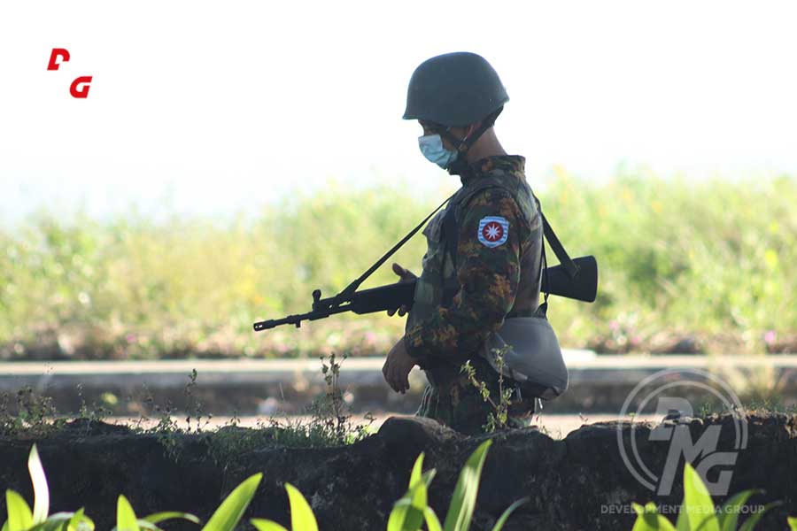 A 2019 photo shows a Myanmar military soldier providing security in Arakan State.