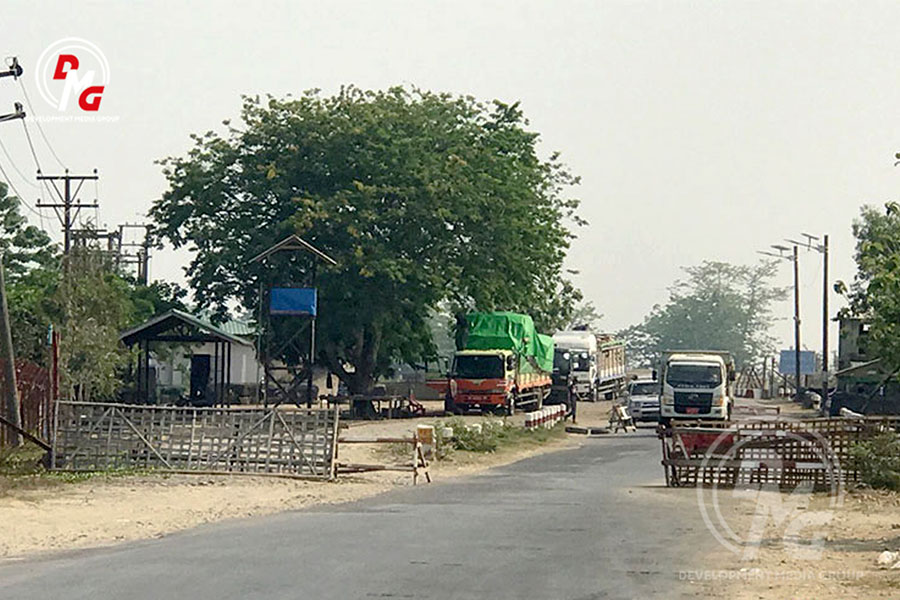 The Kyauktan security checkpoint on the Yangon-Sittwe road is pictured on May 9, 2023.