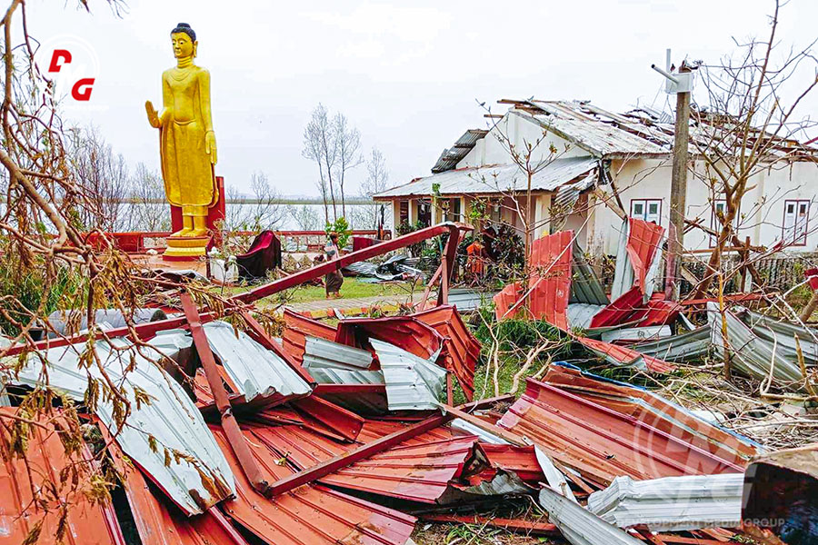 Damaged religious buildings at the Buddha Pada Kyetawyar Pagoda on Moese Island 