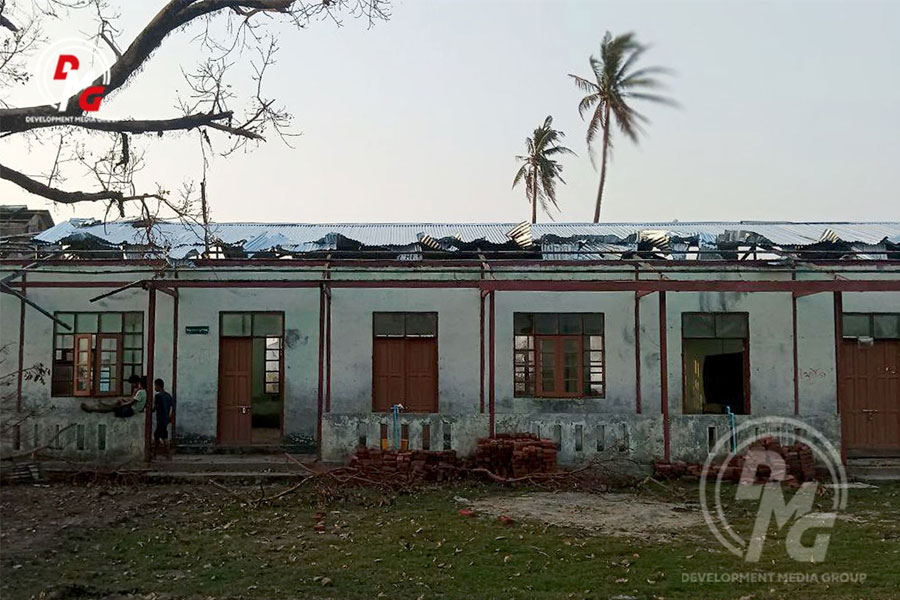 A school building destroyed by Cyclone Mocha in Kalarchaung Village, Ponnagyun Township, is pictured in May 2023.