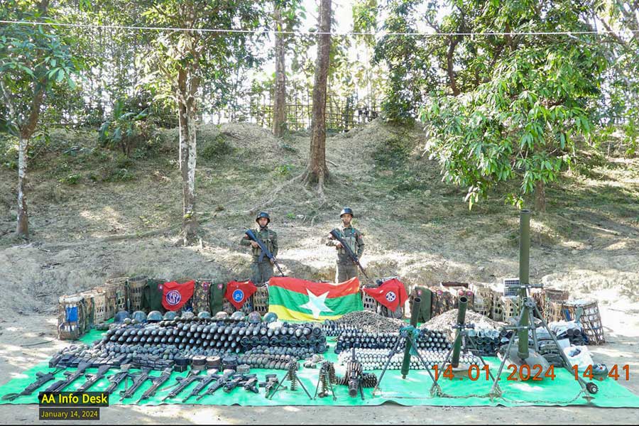 Weapons and military equipment seized by the Arakan Army from the Lin Mway Taung military camp in Mrauk-U Township, Arakan State.