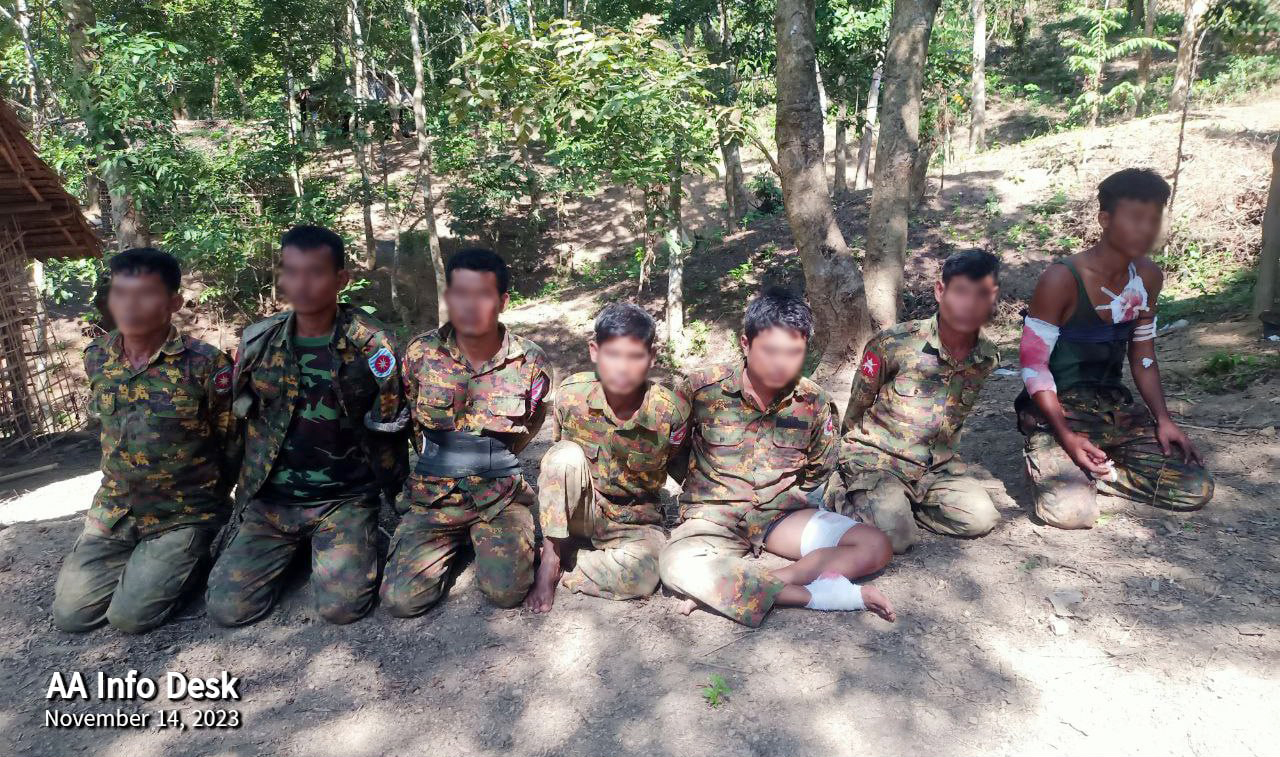 Junta soldiers captured by the Arakan Army during fighting in Minbya on November 13, 2023.