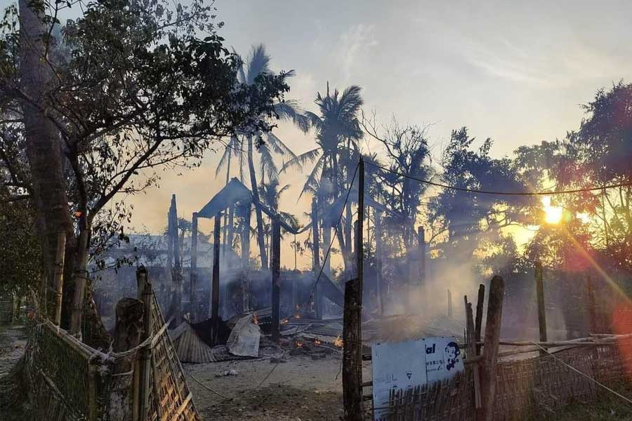 Homes torched by junta soldiers in Tawkan Village, Sittwe Township, in December.