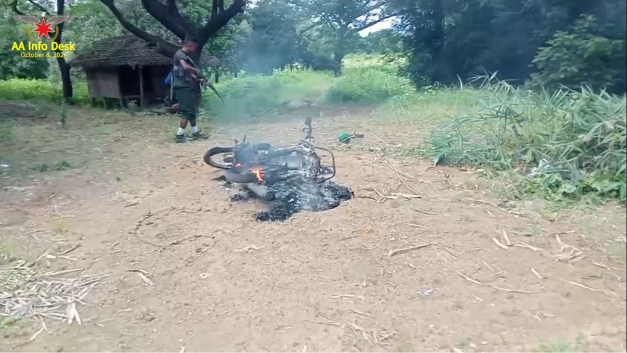 An AA Department of Law Enforcement and Public Security (DLEPS) motorbike was reportedly torched by Arakan Rohingya Salvation Army (ARSA) militants on Tuesday. (Photo: AA Info Desk)