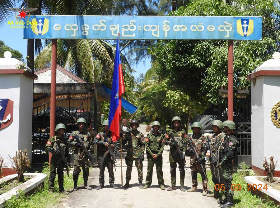 Arakkha Army (AA) fighters are seen after seizing the Maung Shwe Lay naval base in Thandwe Township, Arakan State. (Photo: AA Info Desk)