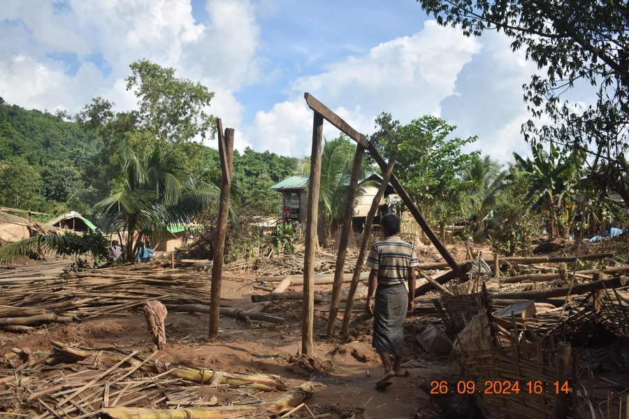 Houses damaged by floods in Phone Thar Chaung village-tract in September. (Photo: Arakan Students Union)