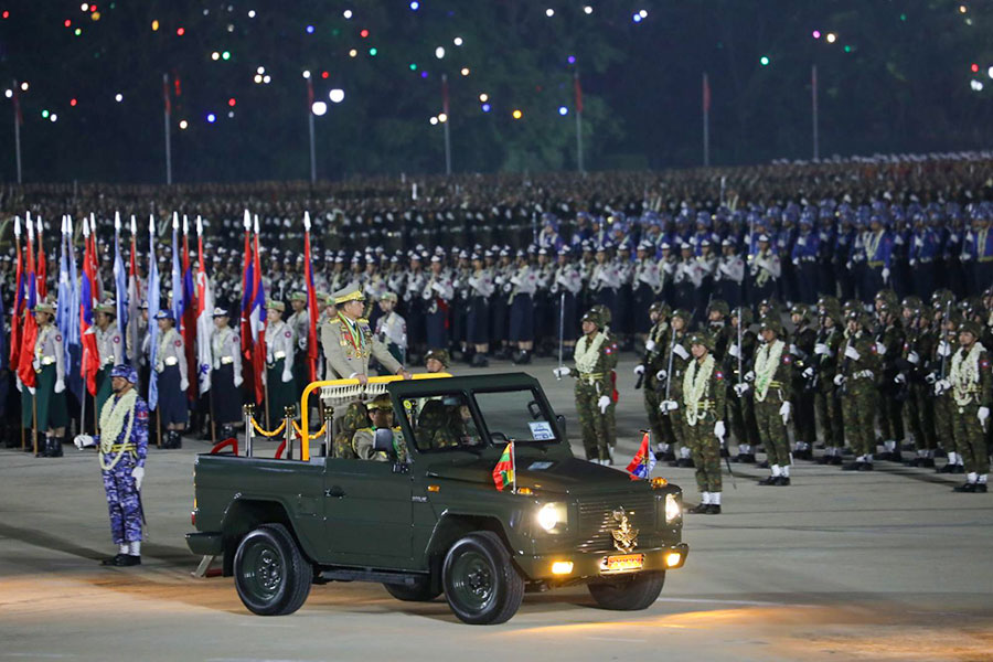 A military parade commemorating the 79th anniversary of Armed Forces Day in Nay Pyi Taw on March 27. (Photo: cincds)