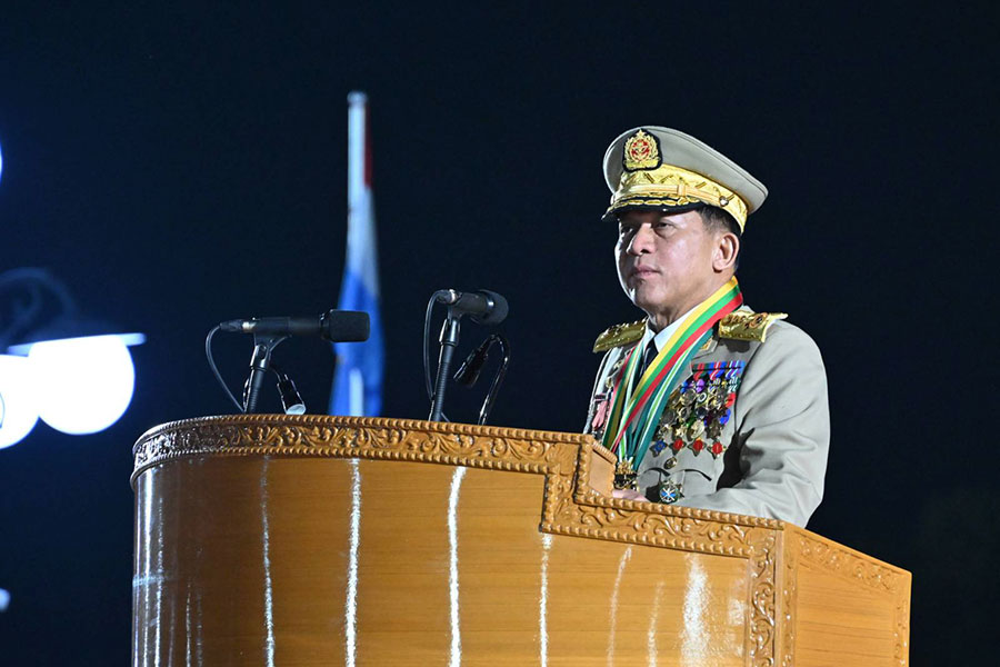 Junta boss Min Aung Hlaing at the 79th anniversary of Armed Forces Day. (Photo: CINCDS)
