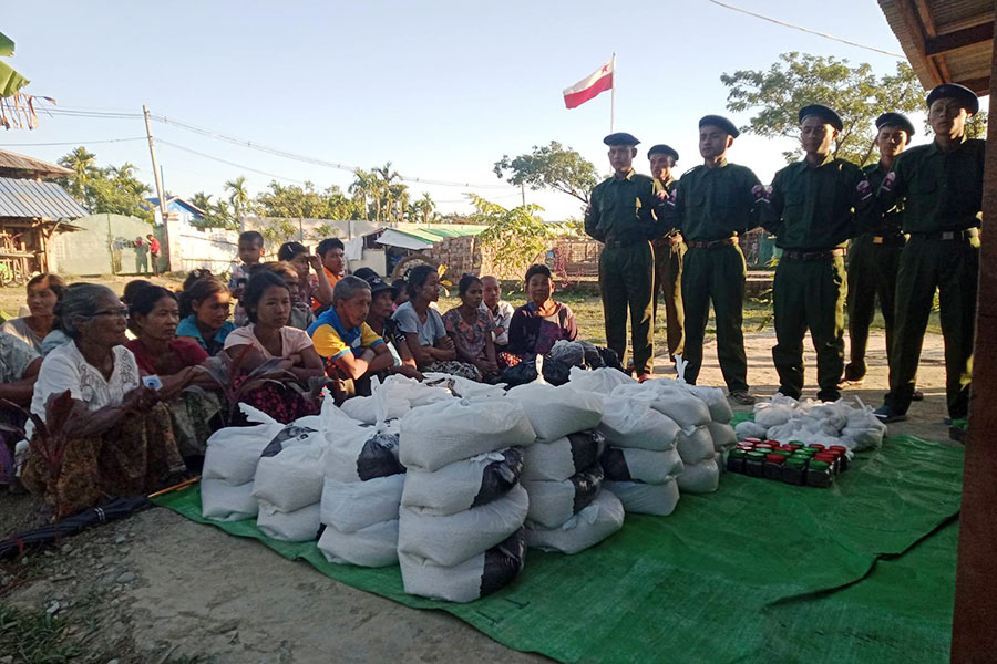 ALP members provide relief supplies to cyclone victims at its head office in Sittwe in 2023. (Photo: ALP Mobilization and Information Department)