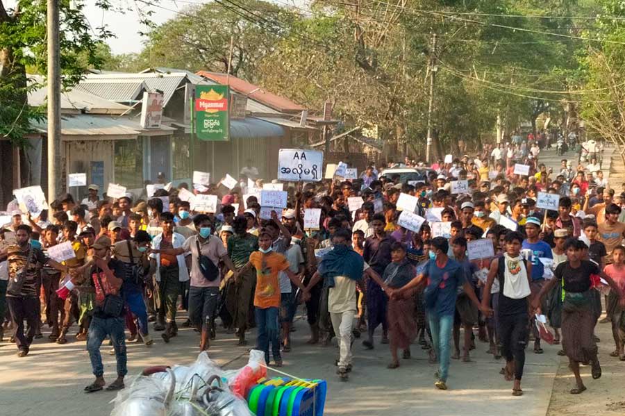 Muslims protest against the Arakan Army in Buthidaung town on March 19.