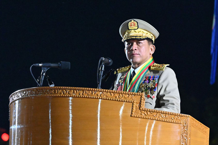 Junta boss Min Aung Hlaing at the parade to mark the 79th anniversary of Armed Forces Day on March 27, 2024. (Photo: cincds)