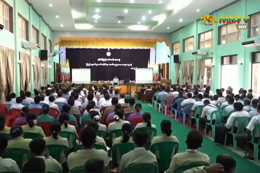 Junta-appointed Arakan State chief minister presides over a pep talk on mandatory military service on April 9 in Thandwe.