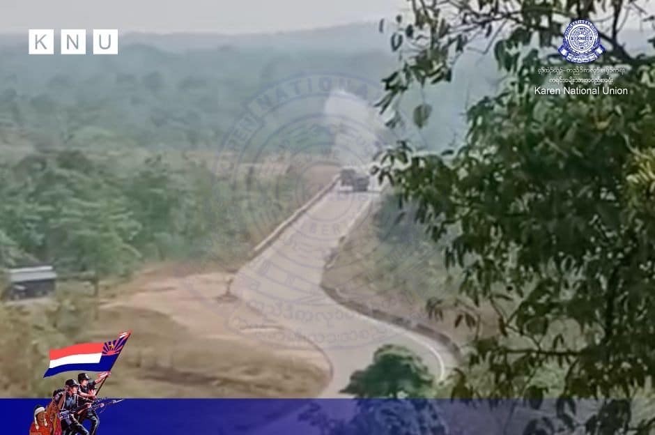 Junta vehicles ambushed by resistance forces on the road to Myawaddy. (Photo: KNU)