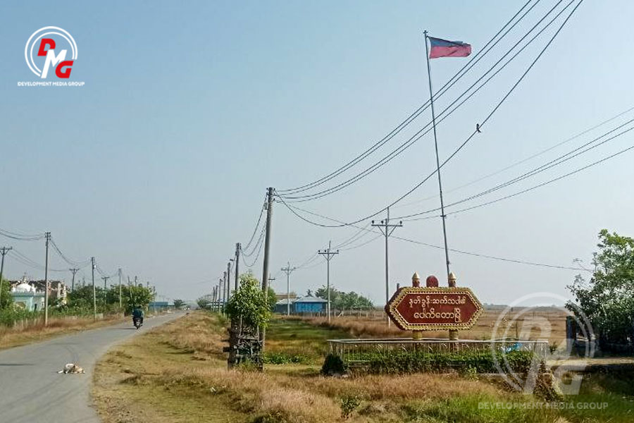 An entrance road to Pauktaw town is pictured in January 2024.