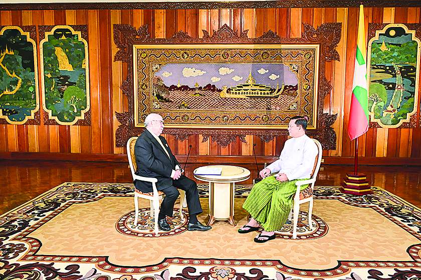 Junta boss Min Aung Hlaing gives an interview to Russia’s Tass news agency on March 18, 2024, in Yangon. (Photo: CINCDS)