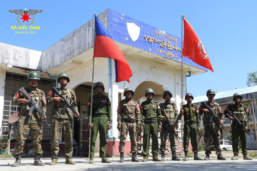 AA troops are pictured after seizing Ponnagyun town in Arakan State.