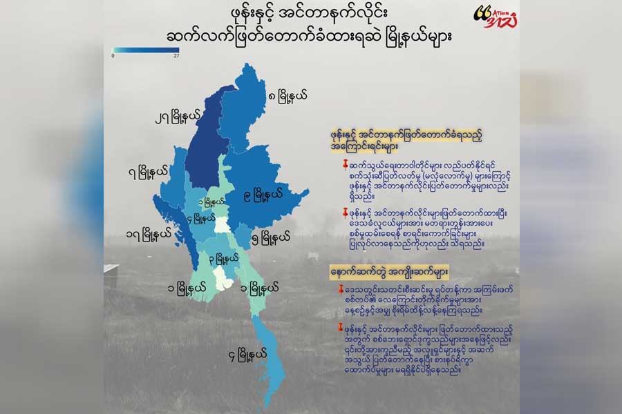 Townships across Myanmar where the regime has cut off internet access.