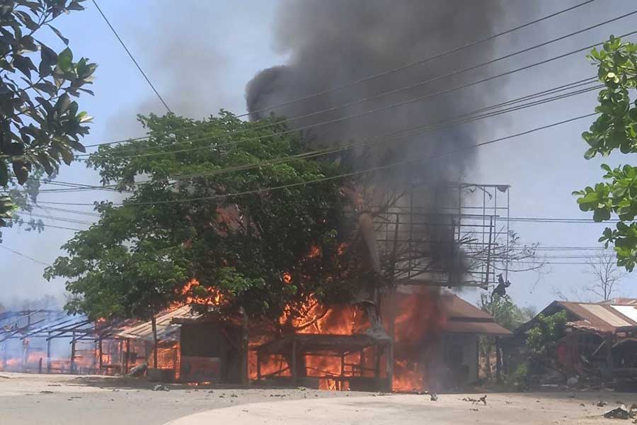Some stalls were burned down in a junta drone attack on Sanae Town on May 9. (Photo: Supplied)