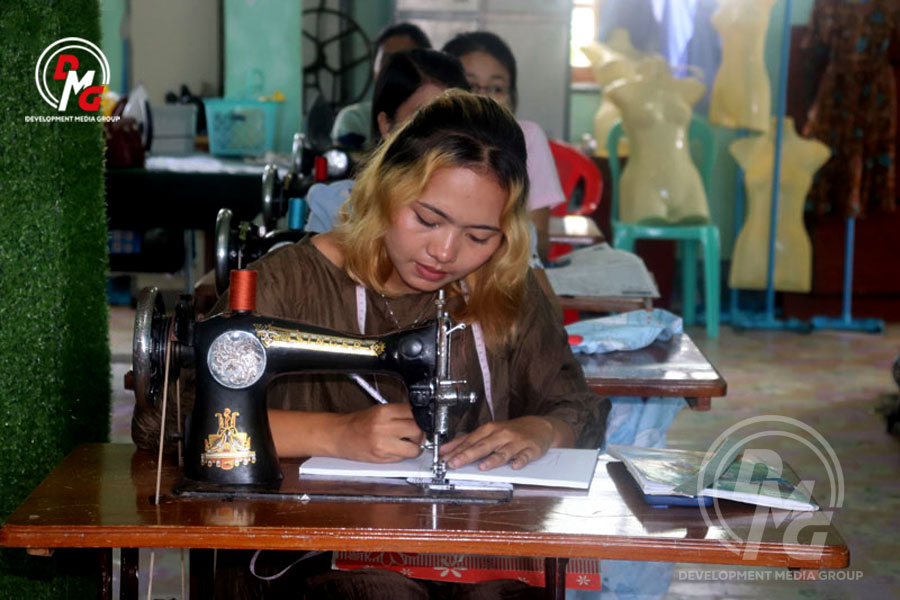 Women at a vocational training school in Sittwe are pictured on July 25, 2023.