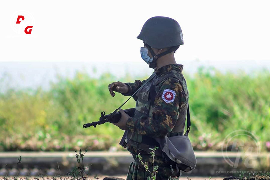 A junta soldier on patrol in Sittwe Township in 2021.