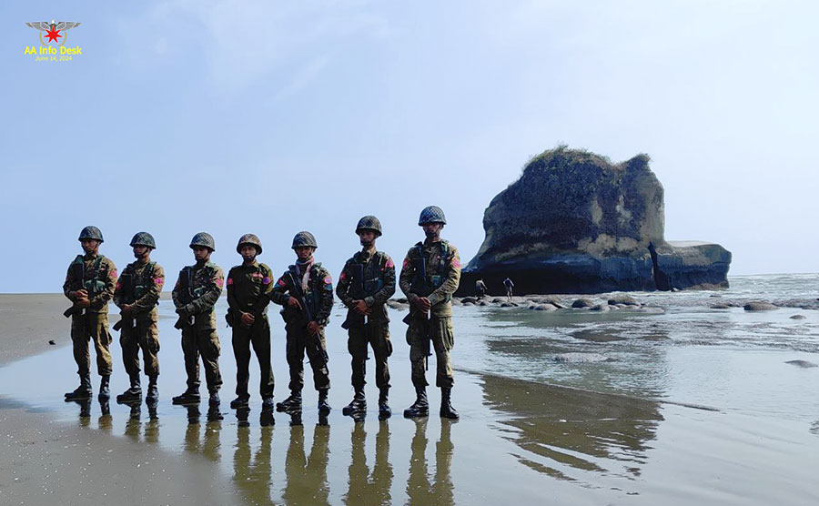 AA troops are pictured on Kyaukpandu Beach in Maungdaw Township in June. (Photo: AA Info Desk)