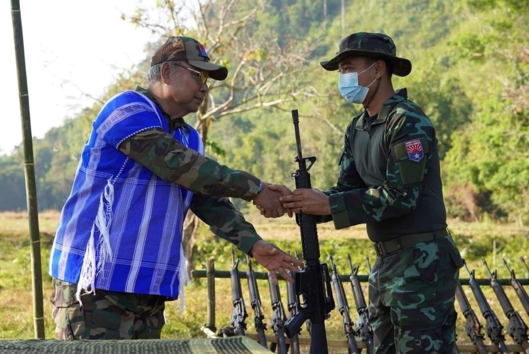 NUG’s Prime Minister Mahn Win Khaing Than is seen at the conclusion of a military training course. (Photo: NUG)