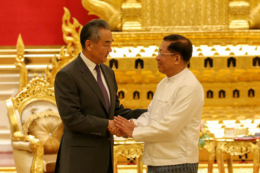 Junta boss Min Aung Hlaing and Chinese foreign minister Wang Yi meet in Naypyidaw on August 14, 2024. (Photo: Xinhua)