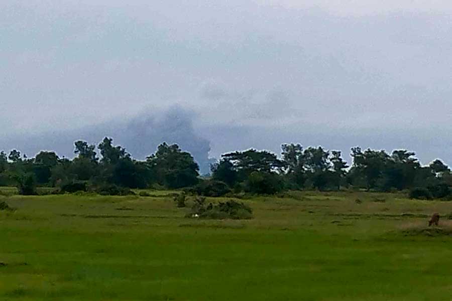 Maungni Village, where homes were reportedly torched by junta soldiers, is seen from Maungdaw. (Photo: Supplied)